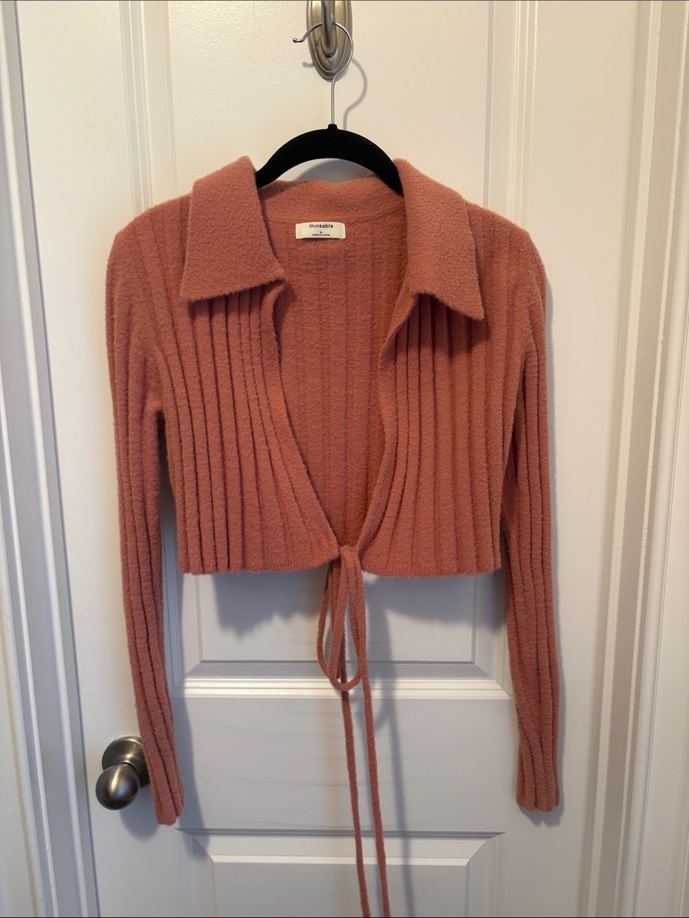 Think! Ribbed Tie-Front Cropped Cardigan in Dusty Rose